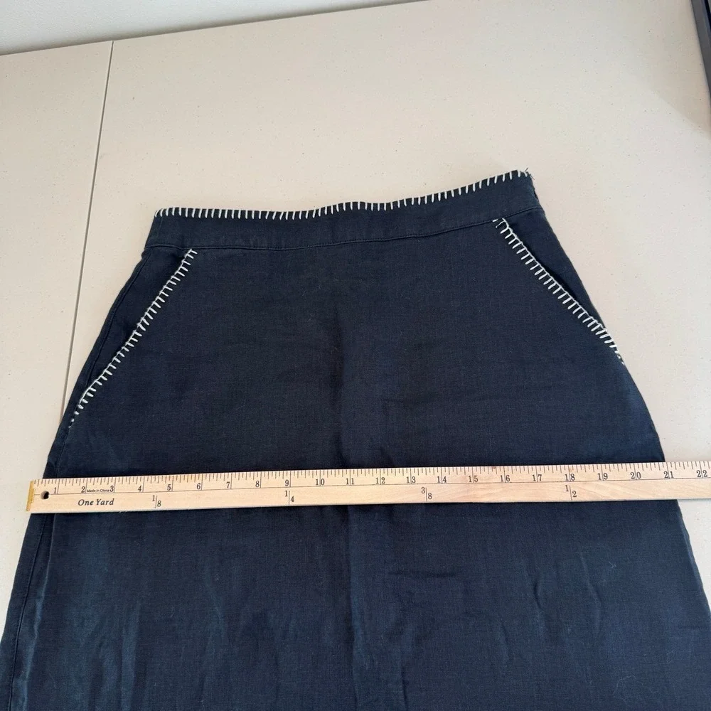 Rachel Zoe Flax Linen Midi Skirt 6 Black Blanket Stitch Minimalist Quiet‎ Luxury